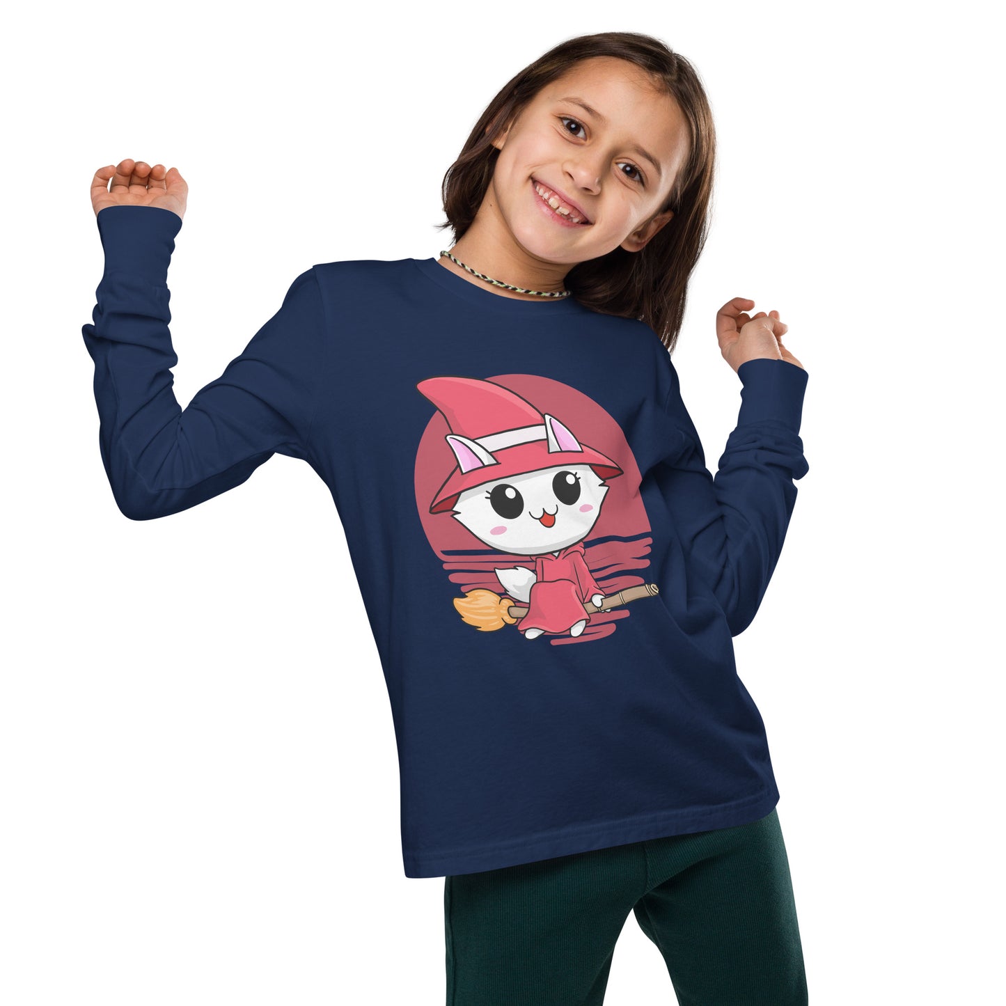 Kitty Witch | Kids and Youth Long Sleeve Shirt | Navy